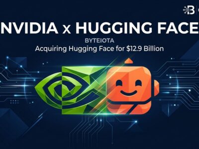 Nvidia logo merging with Hugging Face robot symbol on dark blue background representing the $12.9B acquisition