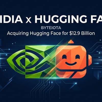 Nvidia logo merging with Hugging Face robot symbol on dark blue background representing the $12.9B acquisition