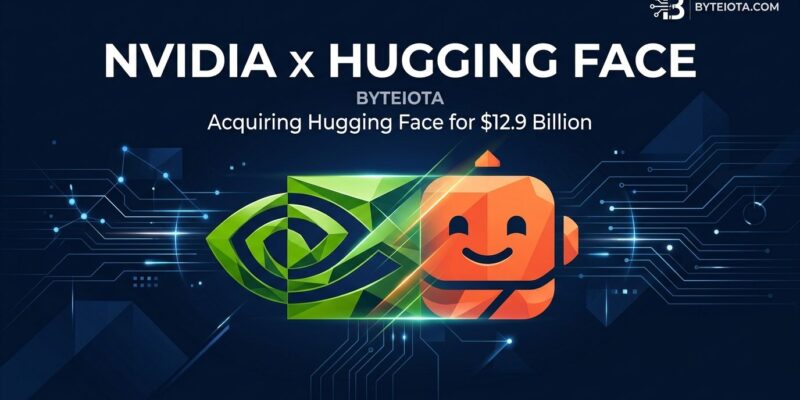 Nvidia logo merging with Hugging Face robot symbol on dark blue background representing the $12.9B acquisition