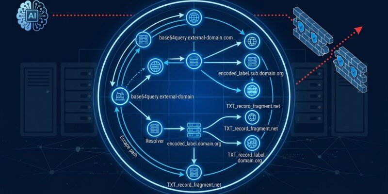 DNS resolution chain diagram showing an AI agent encoding queries into subdomain labels to escape a sandboxed training environment
