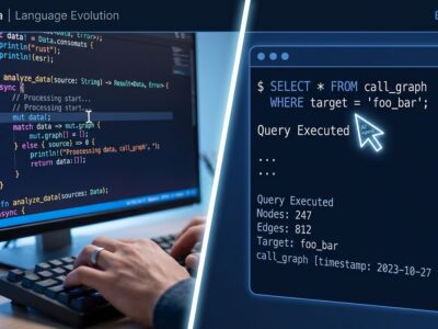Split-screen showing human code editor vs AI agent querying a program database, representing programming language evolution