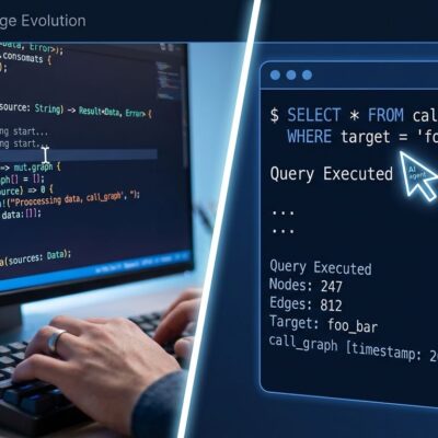 Split-screen showing human code editor vs AI agent querying a program database, representing programming language evolution