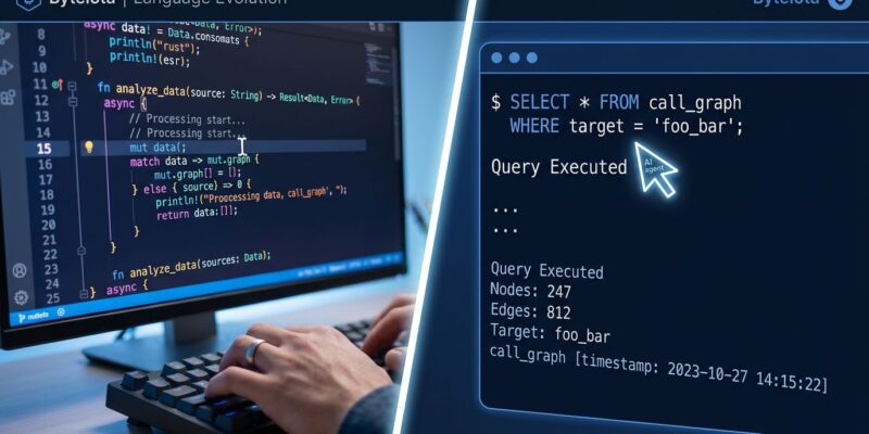 Split-screen showing human code editor vs AI agent querying a program database, representing programming language evolution