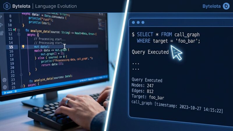 Split-screen showing human code editor vs AI agent querying a program database, representing programming language evolution