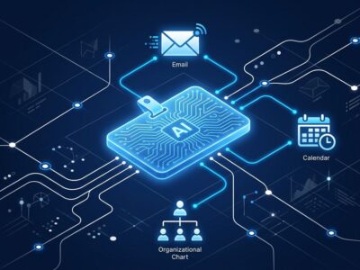 Glowing blue AI agent identity badge connected to email calendar and org chart icons in a Microsoft Azure network diagram