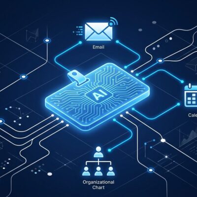 Glowing blue AI agent identity badge connected to email calendar and org chart icons in a Microsoft Azure network diagram