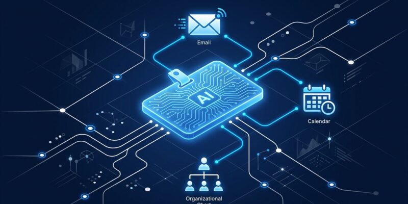 Glowing blue AI agent identity badge connected to email calendar and org chart icons in a Microsoft Azure network diagram