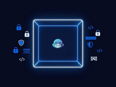 GitHub Copilot agent enclosed in a digital security sandbox with lock icons and blue neon containment frame
