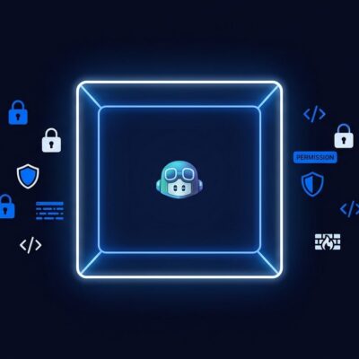 GitHub Copilot agent enclosed in a digital security sandbox with lock icons and blue neon containment frame