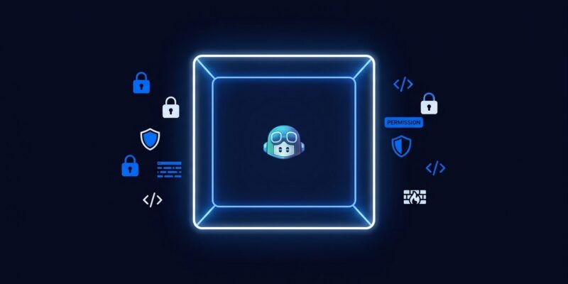 GitHub Copilot agent enclosed in a digital security sandbox with lock icons and blue neon containment frame