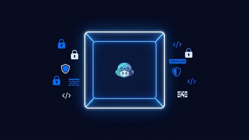 GitHub Copilot agent enclosed in a digital security sandbox with lock icons and blue neon containment frame