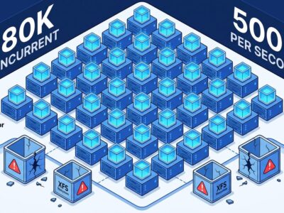 Isometric illustration of DeepSeek DSec sandbox cluster with agent containers and security barriers