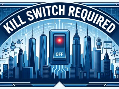 NYC skyline with AI kill switch circuit breaker overlay representing mandatory AI regulation requirements