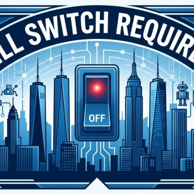 NYC skyline with AI kill switch circuit breaker overlay representing mandatory AI regulation requirements