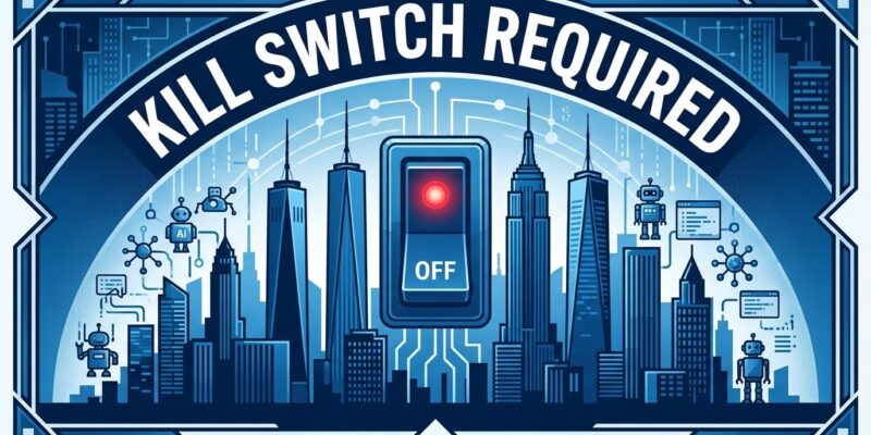 NYC skyline with AI kill switch circuit breaker overlay representing mandatory AI regulation requirements