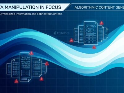 Abstract gradient illustration of machine-generated pages infiltrating AI recommendation systems, blue and white composition
