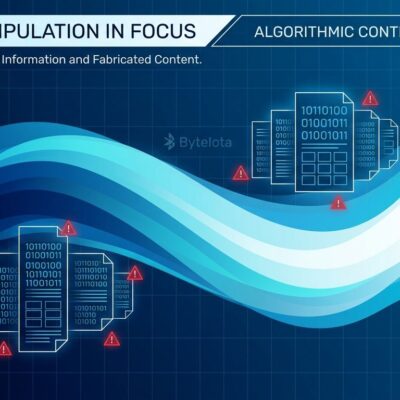 Abstract gradient illustration of machine-generated pages infiltrating AI recommendation systems, blue and white composition