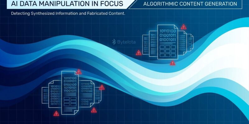 Abstract gradient illustration of machine-generated pages infiltrating AI recommendation systems, blue and white composition