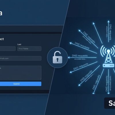 Diagram illustrating a prompt injection attack via a CRM contact form, with DNS requests carrying exfiltrated data to an attacker server