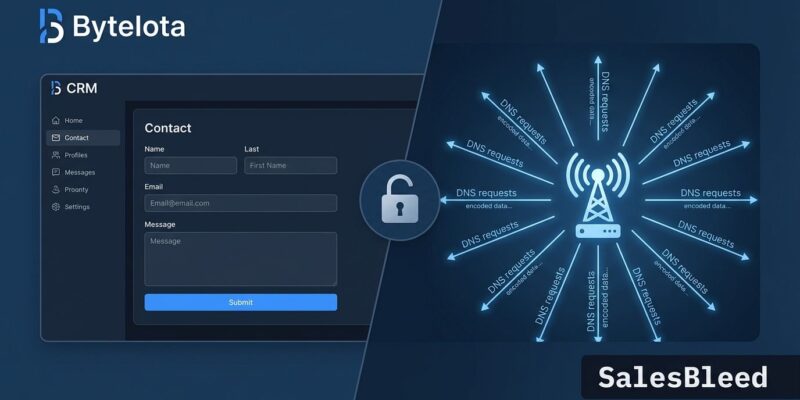 Diagram illustrating a prompt injection attack via a CRM contact form, with DNS requests carrying exfiltrated data to an attacker server