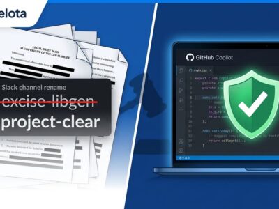 Split-screen showing legal documents with redacted evidence on left and GitHub Copilot developer interface on right, representing AI copyright risk for developers