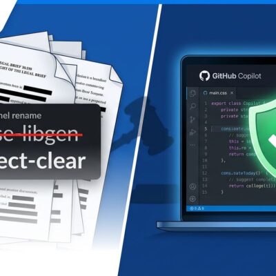 Split-screen showing legal documents with redacted evidence on left and GitHub Copilot developer interface on right, representing AI copyright risk for developers