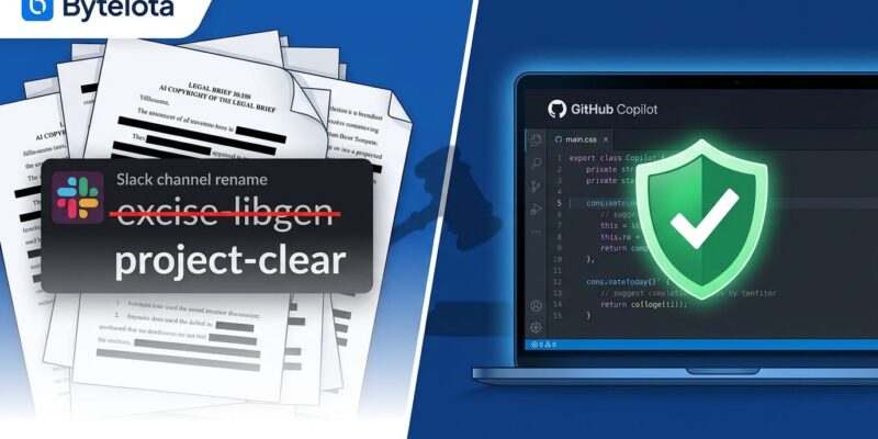 Split-screen showing legal documents with redacted evidence on left and GitHub Copilot developer interface on right, representing AI copyright risk for developers