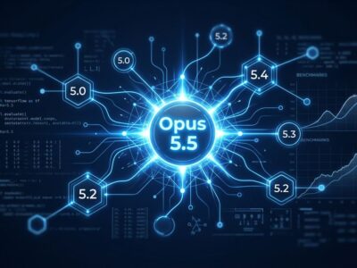 Claude Opus 5.5 neural network nodes with version number highlighted in blue
