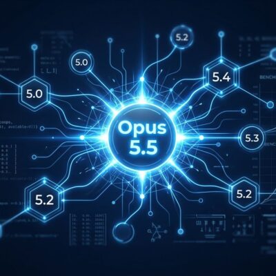 Claude Opus 5.5 neural network nodes with version number highlighted in blue