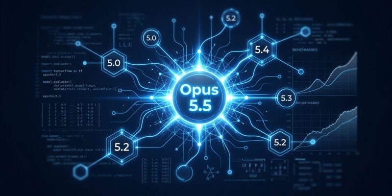 Claude Opus 5.5 neural network nodes with version number highlighted in blue