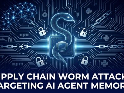 Illustration of a supply chain worm infiltrating AI agent memory infrastructure, with circuit board patterns in blue and white