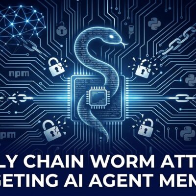 Illustration of a supply chain worm infiltrating AI agent memory infrastructure, with circuit board patterns in blue and white