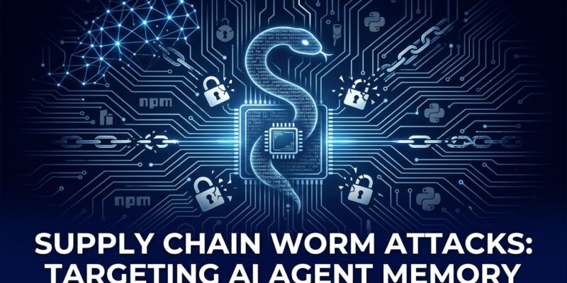 Illustration of a supply chain worm infiltrating AI agent memory infrastructure, with circuit board patterns in blue and white