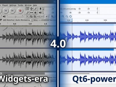 Audacity 4.0 split-screen showing old wxWidgets interface on left and new Qt6 interface on right with blue waveforms