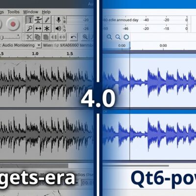 Audacity 4.0 split-screen showing old wxWidgets interface on left and new Qt6 interface on right with blue waveforms