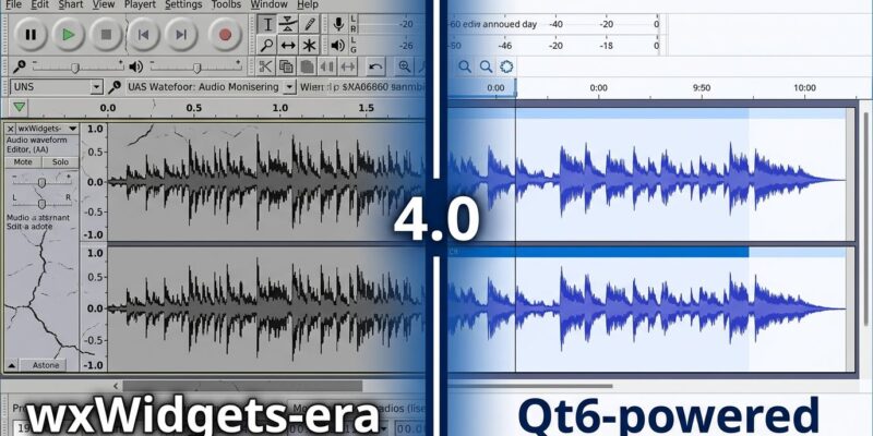 Audacity 4.0 split-screen showing old wxWidgets interface on left and new Qt6 interface on right with blue waveforms