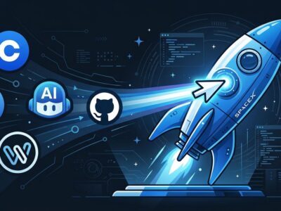 SpaceX rocket absorbing Cursor IDE icon surrounded by AI coding tool logos in blue and white tech illustration