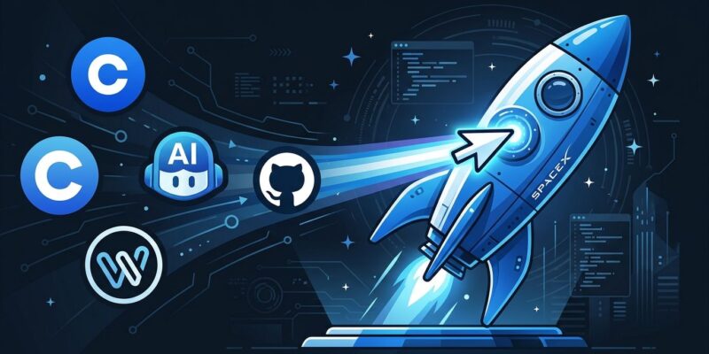 SpaceX rocket absorbing Cursor IDE icon surrounded by AI coding tool logos in blue and white tech illustration