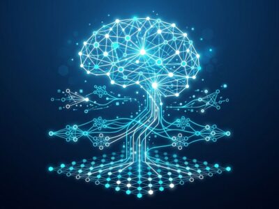 Abstract visualization of AI agent memory architecture with interconnected neural network nodes in blue and cyan