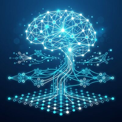 Abstract visualization of AI agent memory architecture with interconnected neural network nodes in blue and cyan
