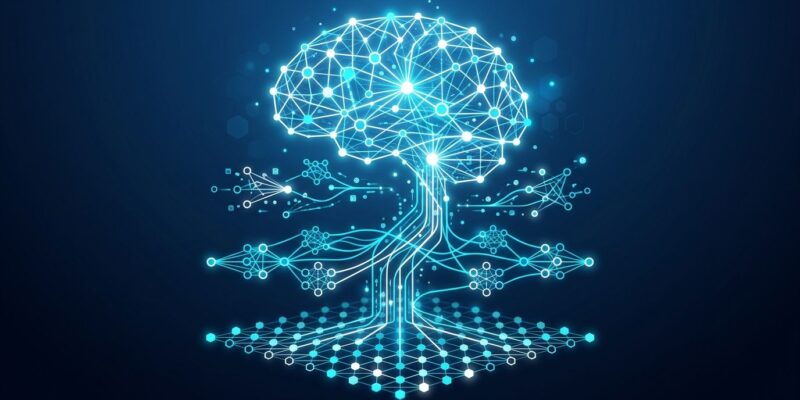 Abstract visualization of AI agent memory architecture with interconnected neural network nodes in blue and cyan