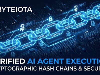 Cryptographic chain link structure representing AI agent execution verification with blue glowing hash nodes