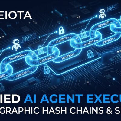 Cryptographic chain link structure representing AI agent execution verification with blue glowing hash nodes