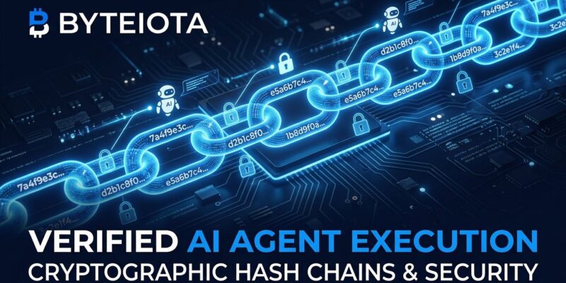 Cryptographic chain link structure representing AI agent execution verification with blue glowing hash nodes