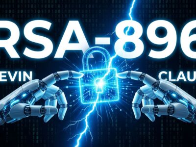 Two AI coding agents (Devin and Claude) breaking RSA encryption records in September 2026 — digital padlock cracked open against a blue and dark background