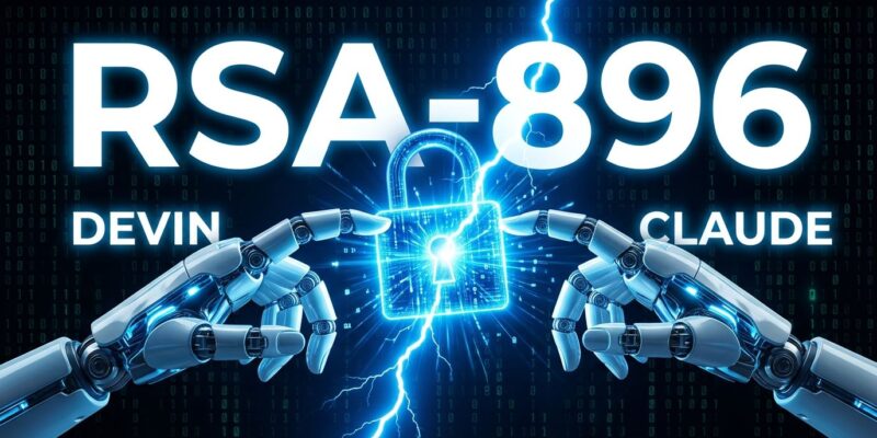 Two AI coding agents (Devin and Claude) breaking RSA encryption records in September 2026 — digital padlock cracked open against a blue and dark background