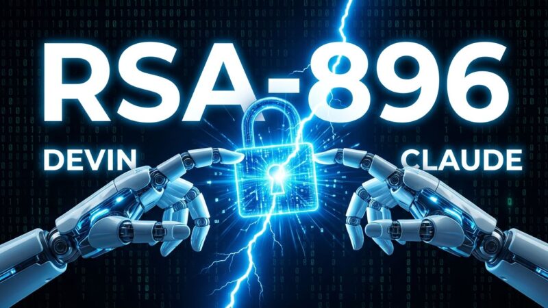 Two AI coding agents (Devin and Claude) breaking RSA encryption records in September 2026 — digital padlock cracked open against a blue and dark background