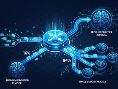 Diagram showing LLM model routing with 84% of AI coding tasks routed to cheap models and 16% to frontier models