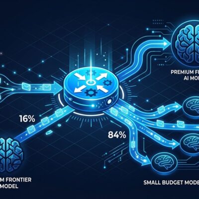 Diagram showing LLM model routing with 84% of AI coding tasks routed to cheap models and 16% to frontier models