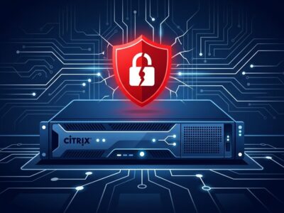 Citrix NetScaler security vulnerability illustration showing a network gateway with a red security breach warning shield